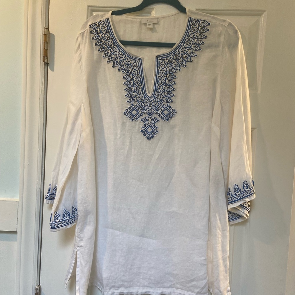 White Embroidered Tunic Top with Blue Accents from J. Jill